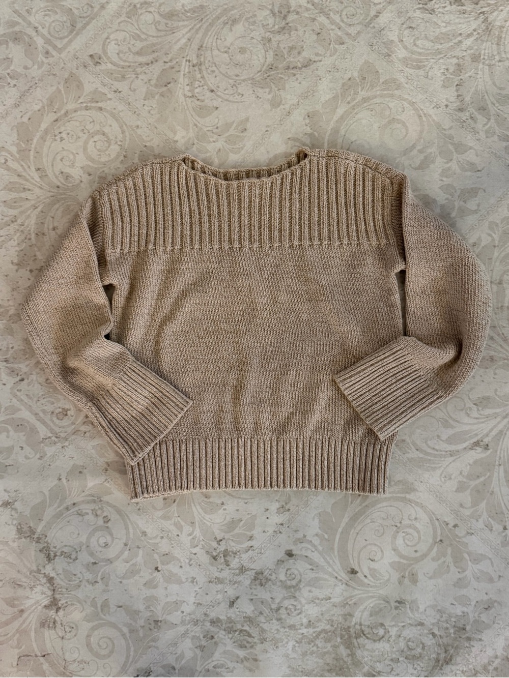 LOFT Neutral Beige Ribbed Yoke Crewneck Sweater